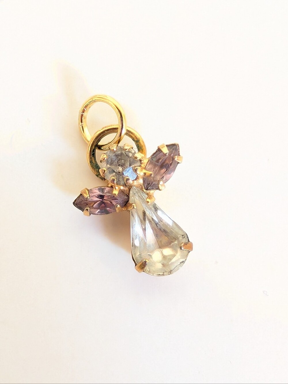 Vintage Gold Tone Glass Rhinestone Mini Retro Angel Halo Necklace Pendant